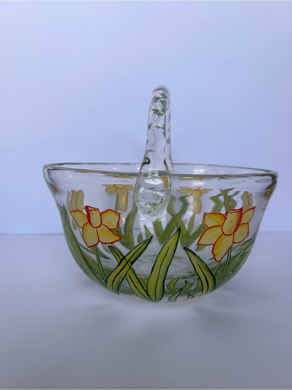 Vintage Glass Daffodil Flower Basket Hand Painted Floral Home Decor